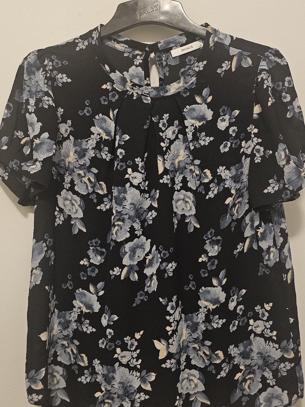 Ricki's Black Floral Short Sleeve Blouse with Blue & Cream Accents